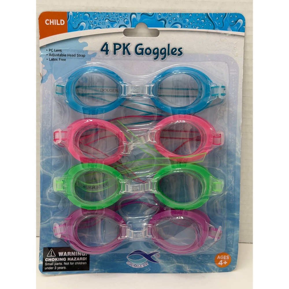Swimgear Child Swim Goggles 4 Pack Multicolor Adjustable‎ Latex Free Ages 4+ NEW